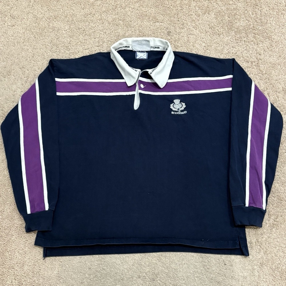 VTG Rugby Nations Scotland Polo Shirt Mens XL Blue White Embroidered Y2K 90s